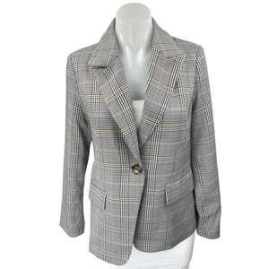 Aqua Women's Gray Plaid Houndstooth Long Sleeve Peak Lapel Blazer Jacket Sz S